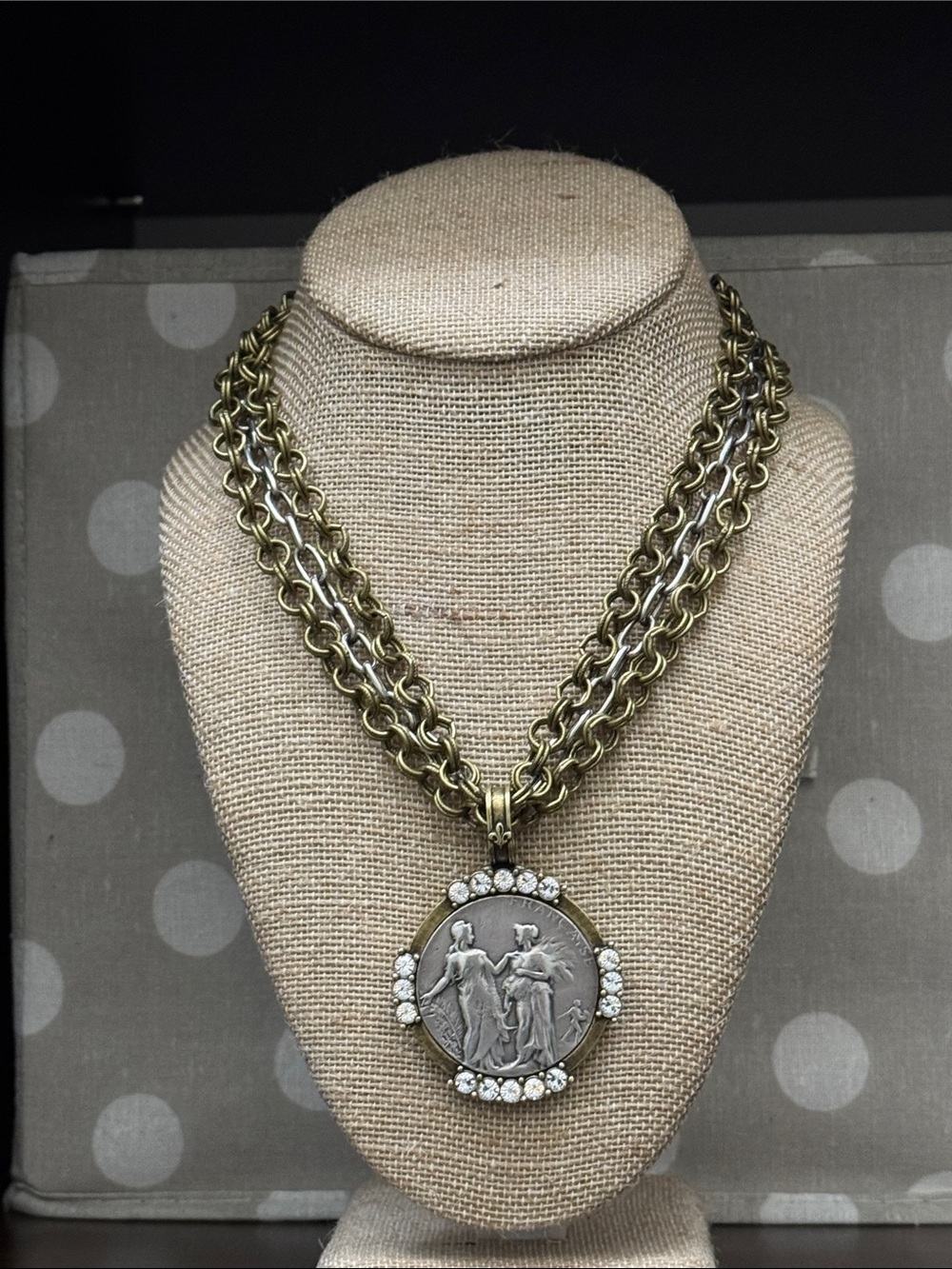 Antique-Style Brass Tone Medallion Necklace with Crystal Accents